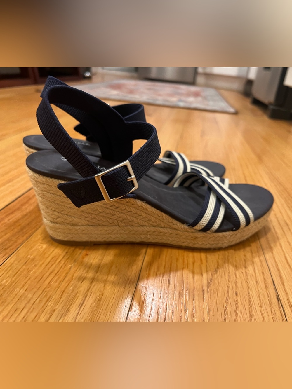 Vivaia Navy Striped Espadrille Wedge Sandals